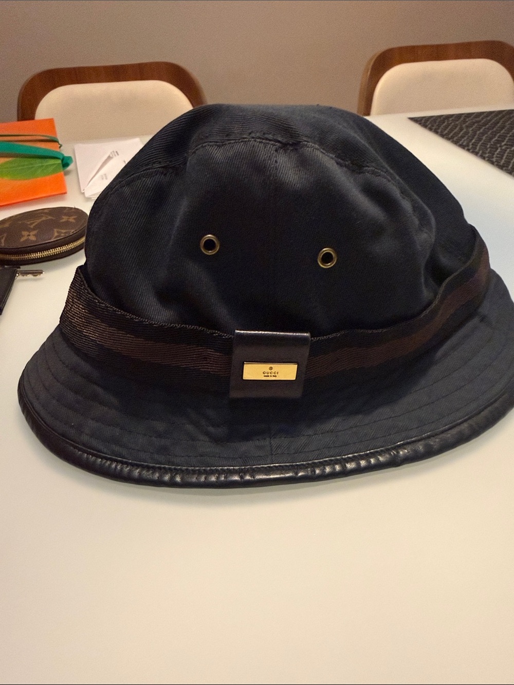 Gucci Black Bucket Hat with Brown Web Trim and Gold Plaque